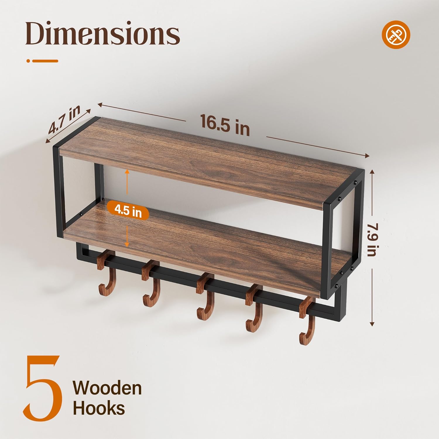 Wall Shelf with Hooks, 2 Tier Coat Rack Wall Mount with Shelf for Entryway Farmhouse Living Room, 5 Wooden Decorative Wall Hooks for Hanging Coat Jackets Hats Towel Key (16.5)